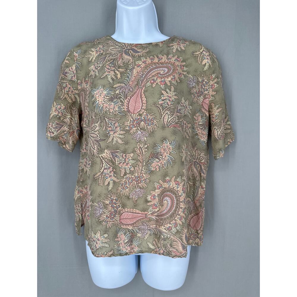 Vintage Top Womens Small Green Paisley Silk Pastel Pink 70s 90s Cottagecore Boho